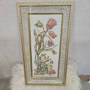 VTG Metalcraft Four Seasons Spring ONLY Tulips with Cupid Gold Frame Wall Art
